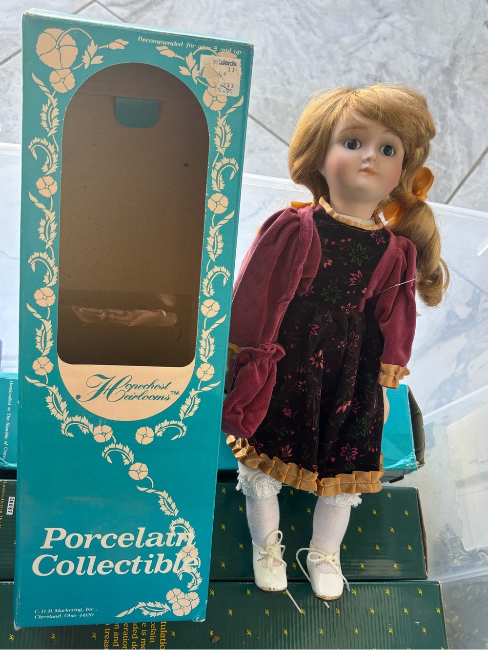 Porcelain Collectible Doll in Burgundy & Black Dress